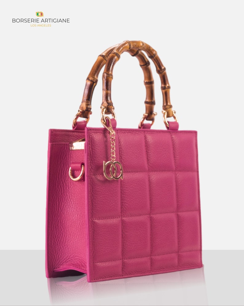 Top handle stylish Italian Handbag with matching pattern strap and bamboo handle. Genuine italian leather. image 5