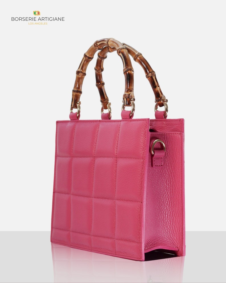 Top handle stylish Italian Handbag with matching pattern strap and bamboo handle. Genuine italian leather. Hot Pink