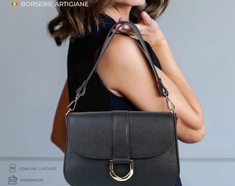 Marina Genuine Italian Leather Crossbody bag in Black - Stylish Woman purse with leather shoulder strap, crossbody bag use. Perfect gift.