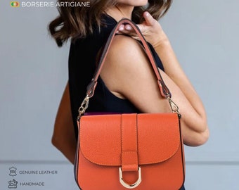 Marina Genuine Italian Leather Crossbody bag in Orange - Stylish Woman purse with leather shoulder strap, crossbody bag use. Perfect gift.