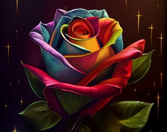 Bezaubernder Regenbogen-Rose-Digitaldruck mit Sparkle-Hintergrund - Fügen Sie einen Hauch von Magie zu Ihrem Raum hinzu
