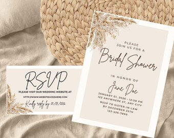 May include: Bridal shower invitation and RSVP card with a beige background and floral accents. The invitation reads "Please join us for a Bridal Shower" and includes event details. The RSVP card includes a website and reply date.