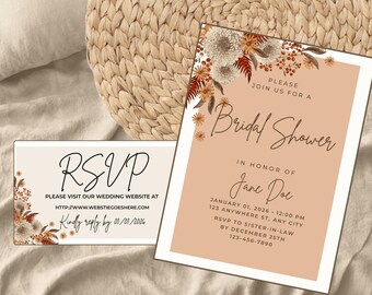May include: Bridal shower invitation and RSVP card set. The invitation features floral accents and the text "Bridal Shower" and event details. The RSVP card includes the text "RSVP" and a website address. The color palette includes peach, brown, and cream.