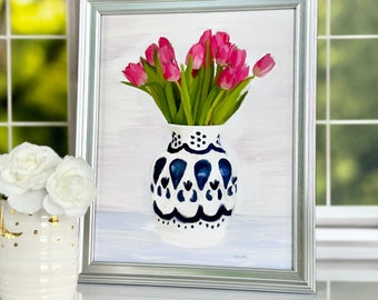 Tulip Painting Still Life Painting Print  Oil Painting Print Tulip Art Blue And White Decor Art for Kitchen