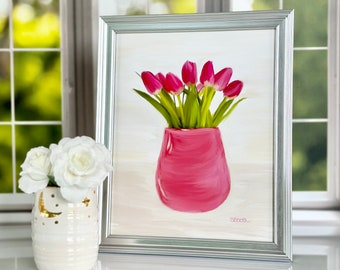Still Life Print Still Life Painting Print Pink Vase Painting Tulip Painting Pink Tulip Art Still Life Painting for Kitchen