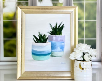 Cactus Art Print Still Life Oil Painting Kitchen Original Art Cactus Home Decor Unframed Planter Pot Cactus Pastel Blue Vase Painting Purple