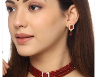 New indian style pearl drop choker necklace & earring set wedding jewelry