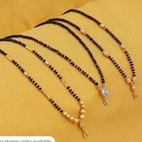Ethnic Black beads Chain Foaming Gold tone mangalsutra Indian Wedding bridal Jewelry set of 3