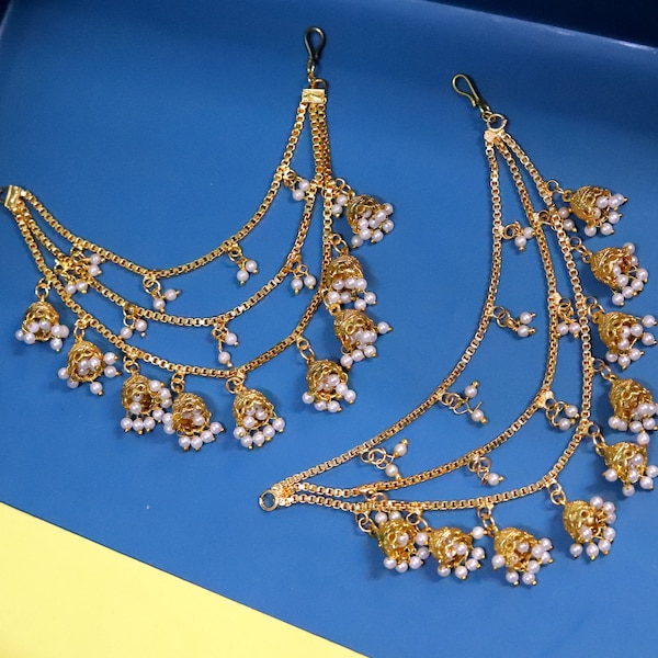 Sanara Ethnic Pearl Sahara Jhumki kaan chain 3 layer for heavy earrings support Indian earring Wedding accessories Bahubali Pearl Kaan chain
