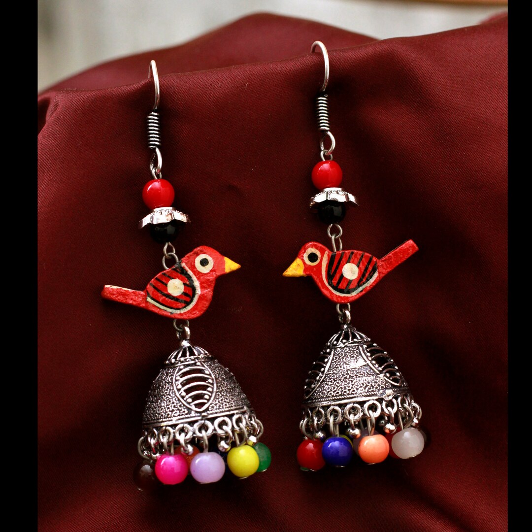 Indian Oxidised Pearl Multi Color Jhumki Earrings Wedding Vintage