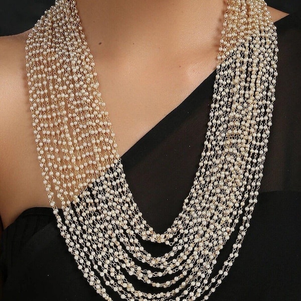 Ethnic Pearl chain Long Mala Necklace Wedding Bridal Matching Costume Jewelry / Indian Jewelry