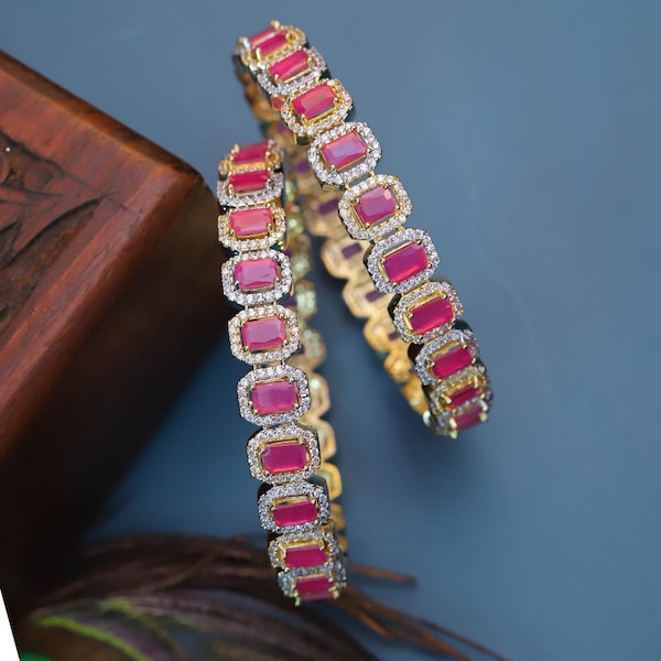 Delicate Ethnic Gold Tone AD CZ Zircon Faux Ruby Pink Bangles Bracelet Set Wedding Costume Indian Bollywood Jewelry