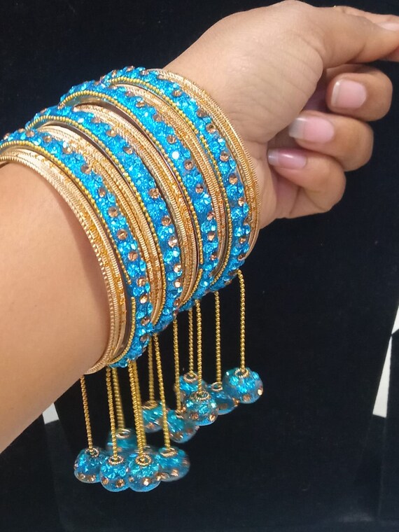 Indian Sparkling Crystal Stone Golden Hanging Latkan Firoza Golden Dangle Bangles Bracelet Set Ethnic Women s Gift Jewelry Etsy