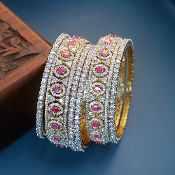 Ethnic Gold Tone AD CZ Zircon Faux Ruby Pink 6Pc Bangles Bracelet Set Wedding Costume Indian American Diamond Bangle Set