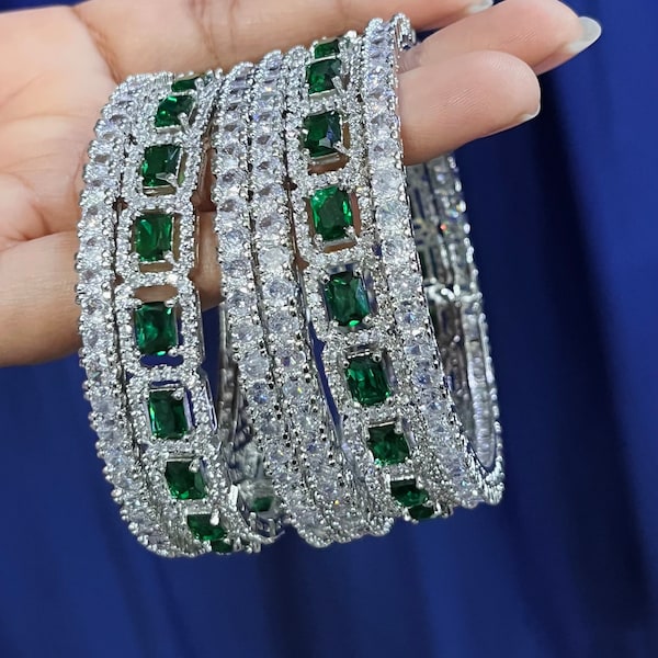 Indian Silver Tone American diamond Ruby Red & Zircon Bangles Bracelet Set Bollywood Ethnic Wedding Costume Jewelry, Green Bangle Set