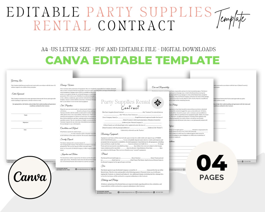 Editable Party Supplies Rental Contract,party Equipment Rental