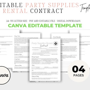 Editable Party Supplies Rental Contract,Party Equipment Rental Agreement Form,Wedding Decor,CANVA Editable Template ,Venue Provider Form