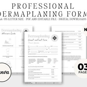 Edytowalne formularze konsultacji Dermaplaning, formularz Dermaplaning, zgoda Dermaplaning, formularz przyjęcia na zabieg na twarz, szablon kosmetyczki Canva PDF