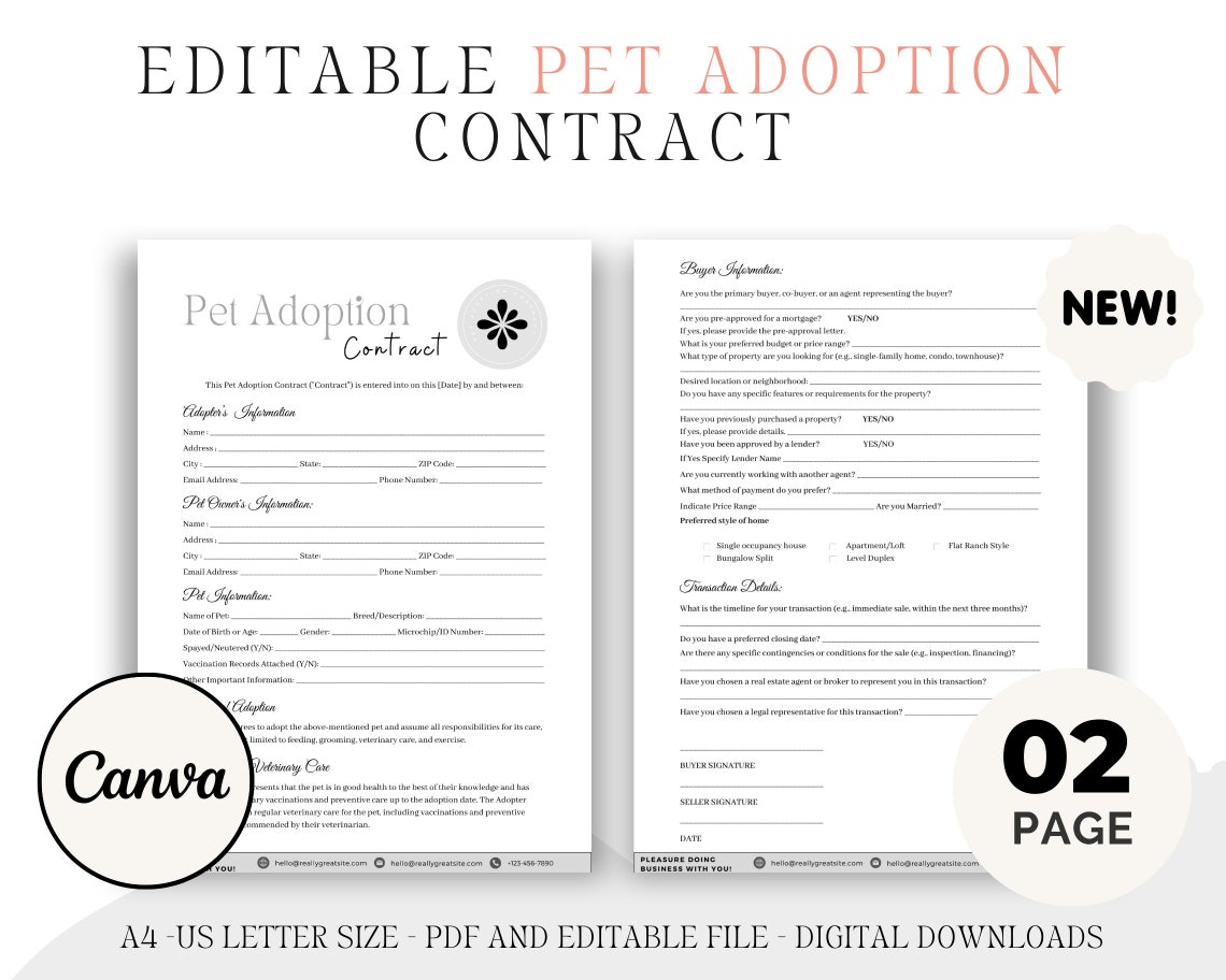 Editable and Printable Pet Adoption Contract, Instant Download Puppy Editable and Printable Pet Adoption Contract, Instant Download Puppy