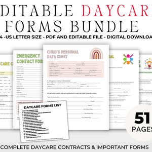 Formulaires modifiables de contrat de garderie, 51 pages, kit de démarrage pour garderie, formulaires pour la garde d&#39;enfants, formalités administratives pour la garderie, ensemble complet de formulaires pour la garderie à domicile