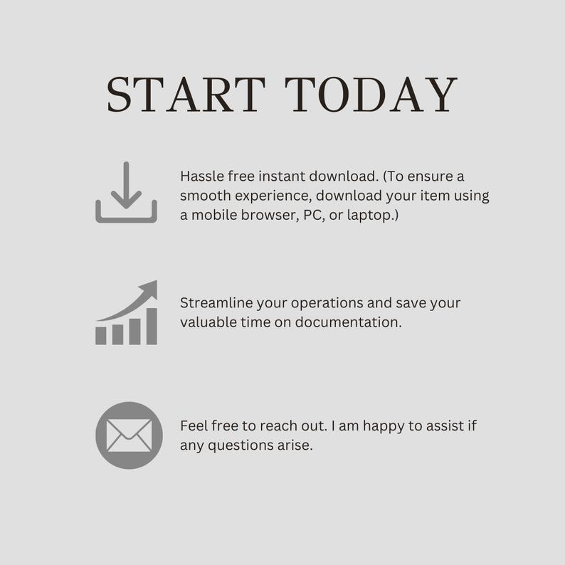 May include: A graphic with the text "START TODAY" and three icons. The first icon is a download arrow, the second is a bar graph with an upward arrow, and the third is an envelope. The text below the icons provides information about downloading, streamlining operations, and reaching out for assistance.