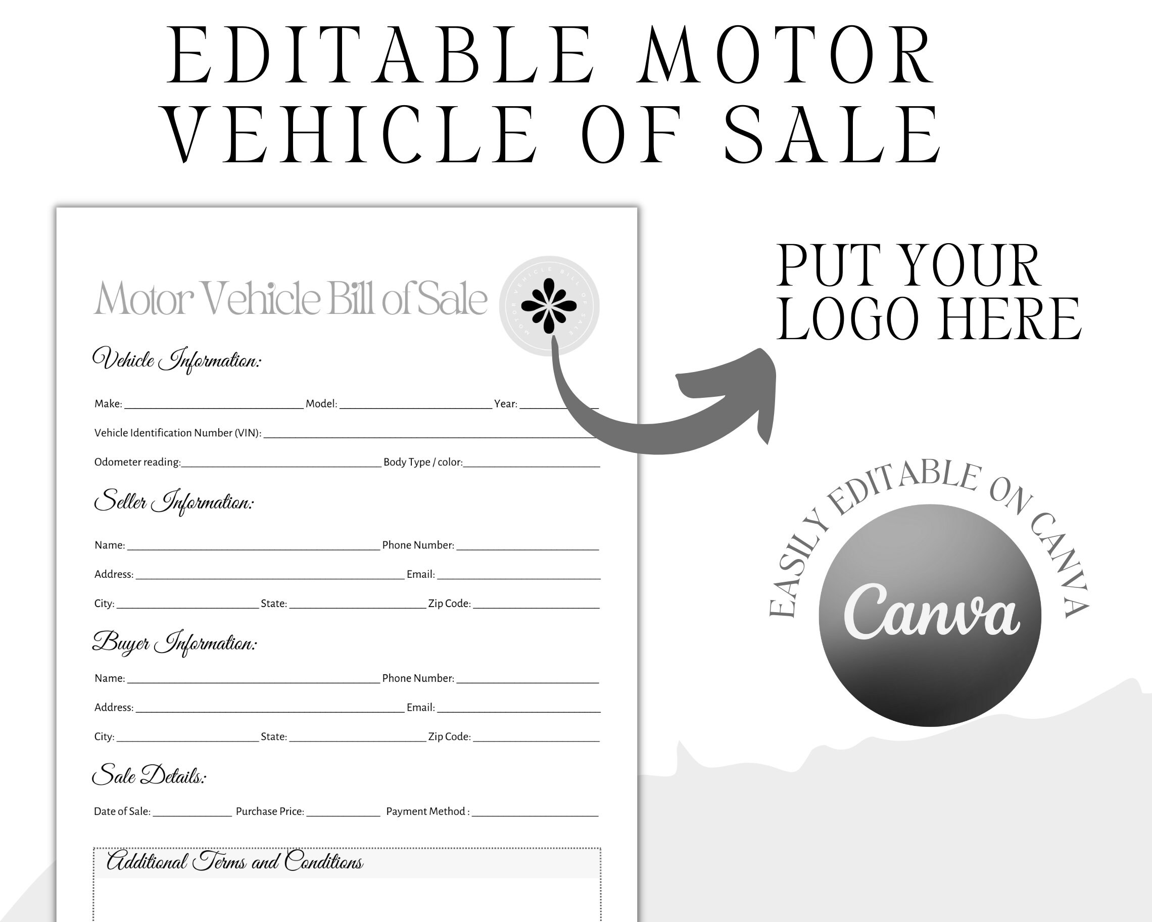 Editable Motor Vehicle Bill of Sale, Motor Vehicle Sale Contract