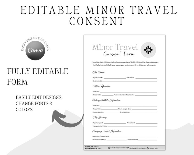 Editable Minor Travel Consent Form, Child Travel Authorization Form