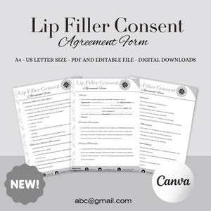 Printable Lip Filler Consent Form | Digital Editable Aesthetic Injector Forms for Med Spa Contract | Instant Download&Canva Template