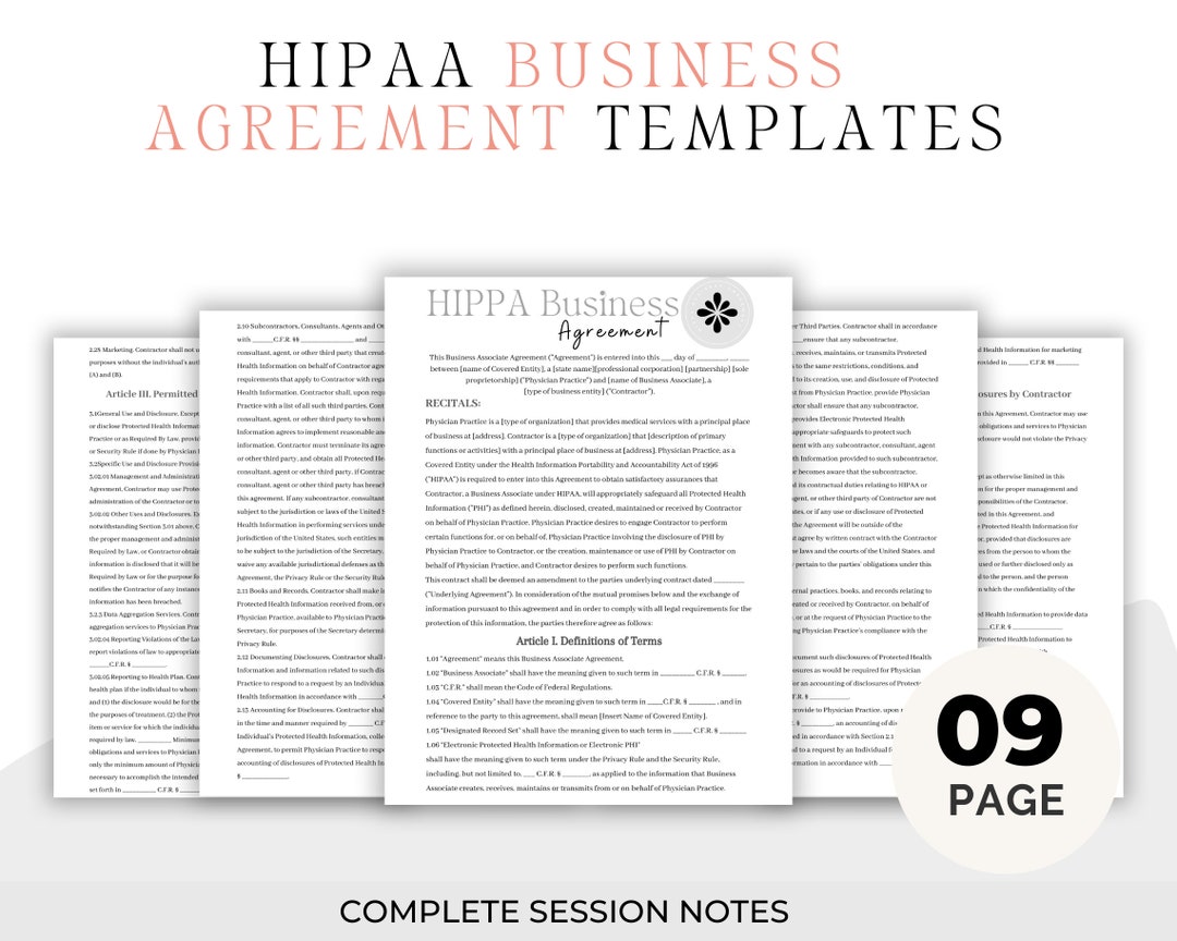 HIPAA Business Associate Agreement Business Templates Etsy
