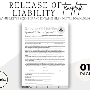 Editable Release Of Liability Template General Instant Download, Waiver Of Liability, Liability Form, General Release of Liability, Canva