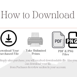 May include: How to download a digital file.  A black download icon, a printer icon, and two file icons labeled "PDF" and "PNG".  Text reads: "Download Your Purchased File", "Take Unlimited Prints", "PDF & PNG Files", "Simply after purchase, you will receive downloadable file. Also you can download your file from Purchases & review section in your account."