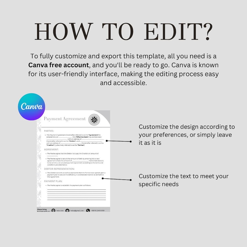 May include: A black and white printable payment agreement template with the title "Payment Agreement" and the text "Parties", "Agreement", "Debtor Representation", and "Payment Plan". The template is designed to be customized using Canva.