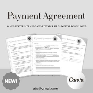 May include: A black and white printable payment agreement template with the text "Payment Agreement" at the top. The template includes sections for parties, default, governing law, severability, dispute resolution, debtor representation, payment plan, and signature & date.
