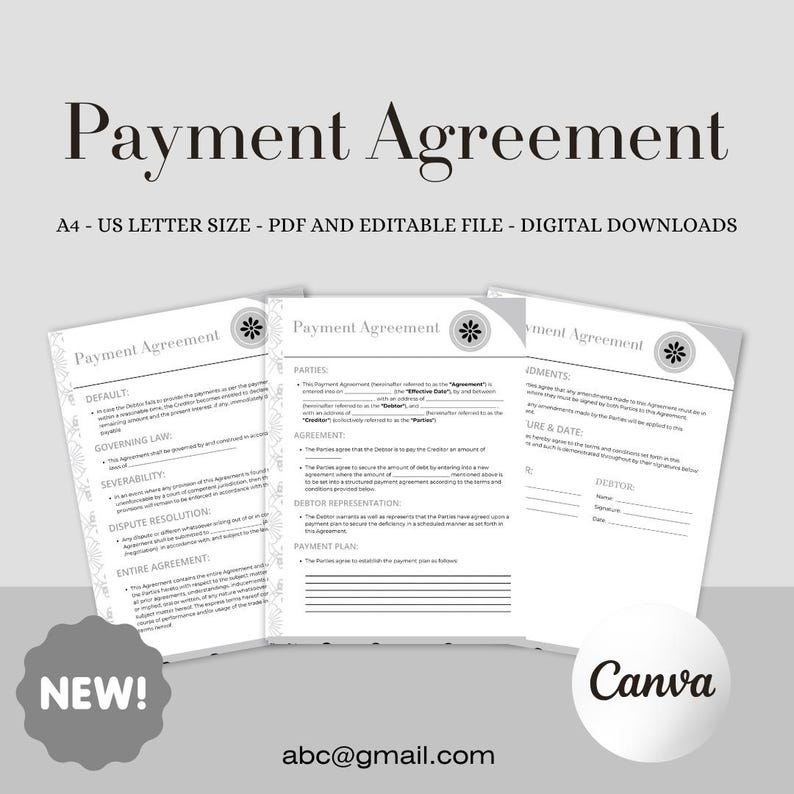 May include: A black and white printable payment agreement template with the text "Payment Agreement" at the top. The template includes sections for parties, default, governing law, severability, dispute resolution, debtor representation, payment plan, and signature & date.