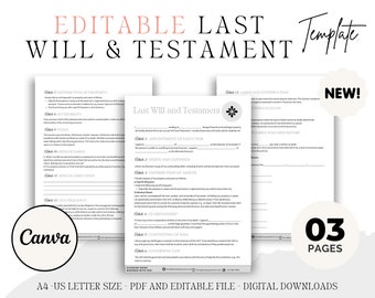 Editable Last Will And Testament Form Template, Printable Last Will, Canva Template, Testament Template, Will And Testament, Last Will Form