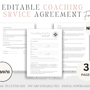Coaching Service Agreement, Printable Coaching Contract, Coaching Business Service Agreement, Editable Coaching Forms for Coaching Clients