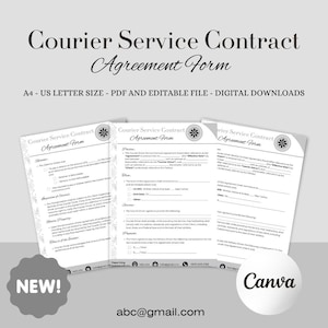 May include: A black and white printable contract agreement form for courier services. The form includes sections for the client, courier driver, and services provided. The text "Courier Service Contract Agreement Form" is at the top of the form.