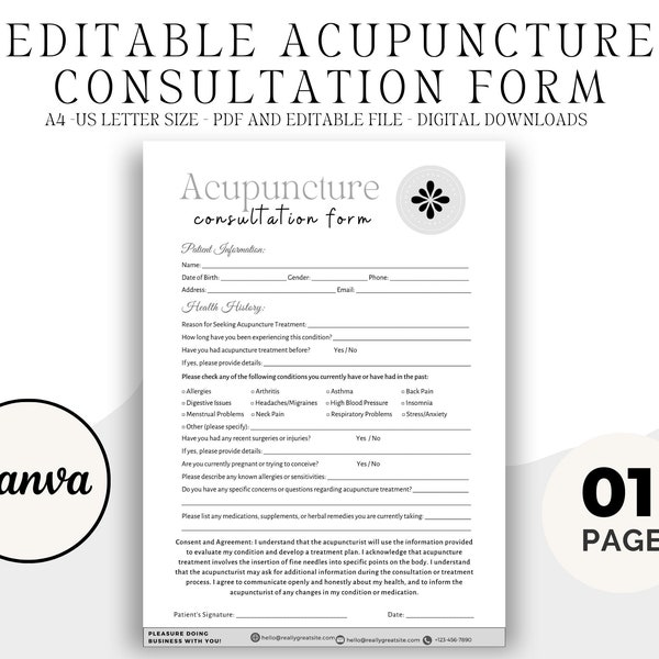 Editable Acupuncture Consultation & Consent Forms, Client Intake, Acupuncture Consent, Acupuncture Right to Refusal Form, Canva Template