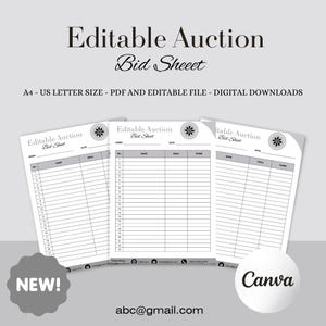 以下が含まれることがあります： ミニマリストデザインの「Editable Auction Bid Sheet」というテキストが入った、印刷可能なオークション入札シートが3枚。シートは白とグレーのアクセントで、イベントの詳細、入札者の情報、花の模様のフィールドが含まれています。画像には「A4 - US LETTER SIZE - PDF AND EDITABLE FILE - DIGITAL DOWNLOADS」というテキストも含まれています。