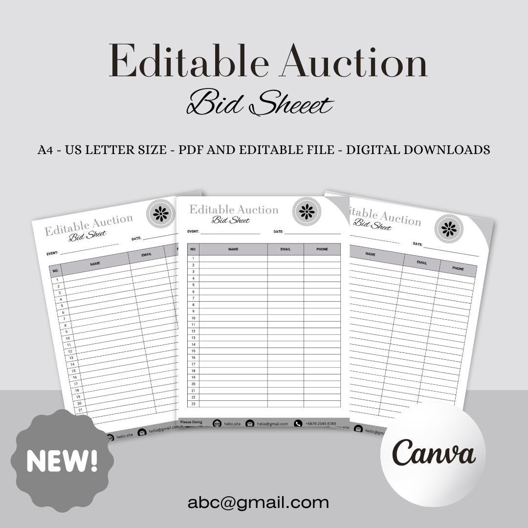 Editable Auction Bid Sheet Template, Canva Fundraiser Form (digital ...