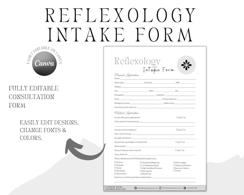 Editable Reflexology Intake Form, Massage Consultation Form, Spa Forms ...