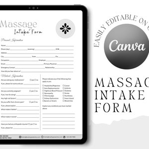May include: A black and white printable massage intake form with the text "Massage Intake Form" at the top. The form includes sections for personal information, medical information, and a checklist of conditions. The form is easily editable on Canva.