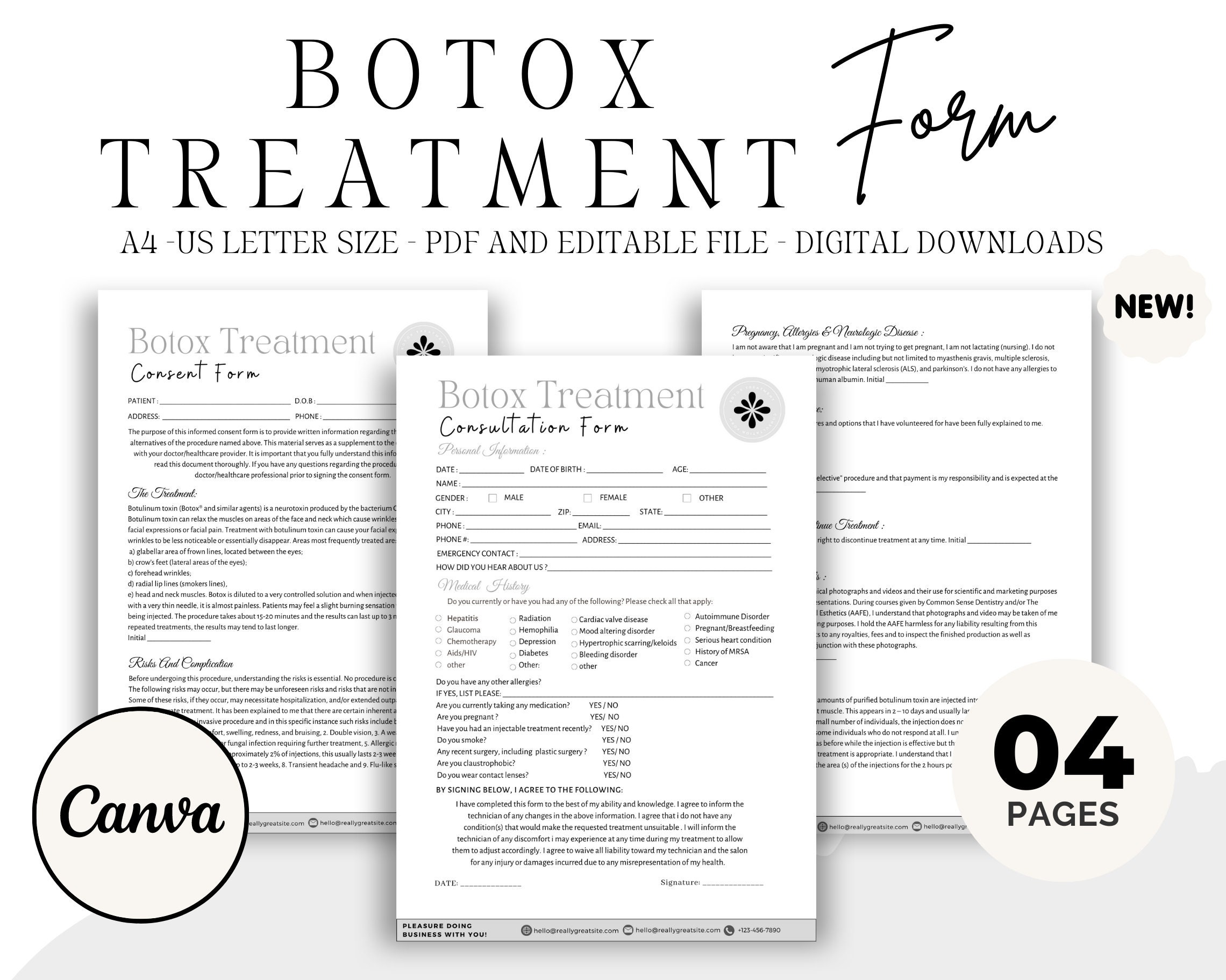 Professionelles Botox-Behandlungsformular, Botox-Einverständniserklärung, Kosmetikerin-Formulare, Botox-Nachsorge, Botox-Beratungsformular Intant Download Canva Template