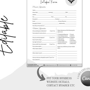 May include: A black and white intake form with the title "Intake Form" at the top. The form includes sections for personal information, medical information, and a section for the client to indicate any conditions that apply to them. The form also includes a section for the client to explain any conditions they have marked. The form is easily editable on Canva.