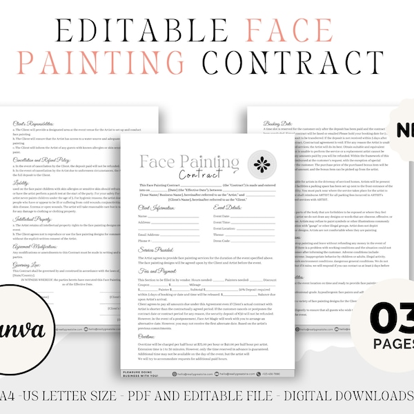Face Painting Contract, Easy Face Paint, Painting Artist, Face Painting Service Agreement, Editable Contract, Editable Agreement