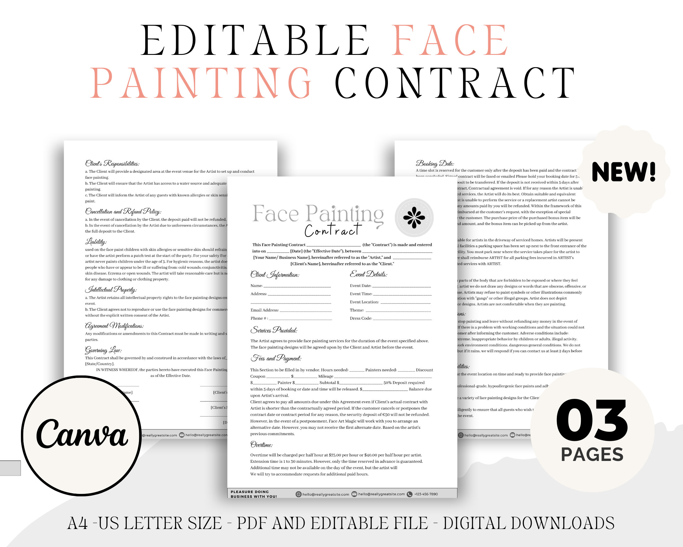 Face Painting Contract, Easy Face Paint, Painting Artist, Face Painting Service Agreement, Editable Contract, Editable Agreement