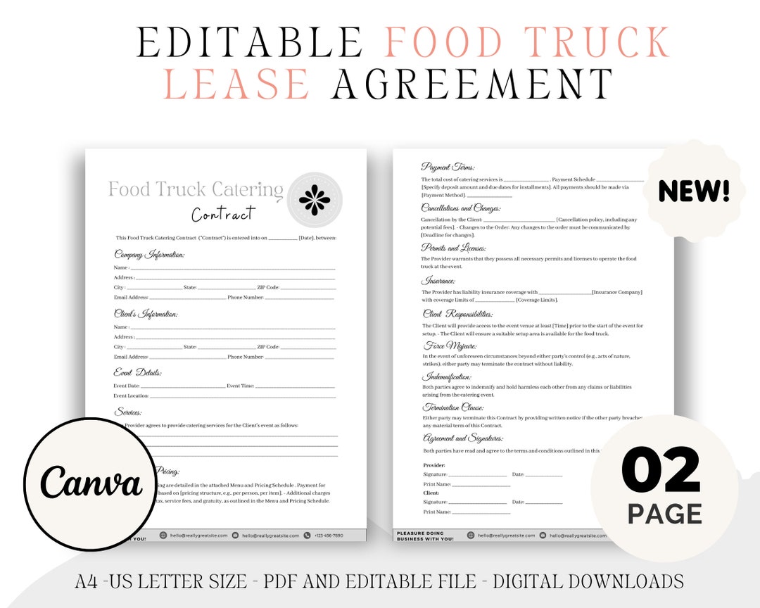 Food Truck Lease Agreement Food Truck Vendor Agreement Food Etsy