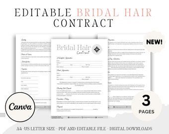 Brauthaarvertrags-Bundle, bearbeitbare Hochzeitsvertragsformular-Vorlage, Brautparty-Friseur, Brautschönheitsdienstleistungsvereinbarung, Canva