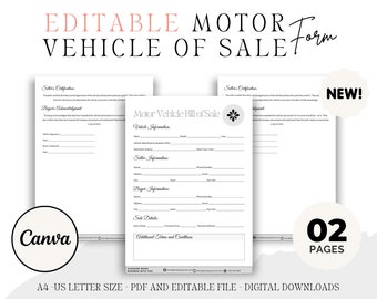 Editable Motor Vehicle Bill Of Sale, Motor Vehicle Sale Contract, Vehicle Bill Of Sale Form, Vehicle Bill of Sale template, Motor Sale