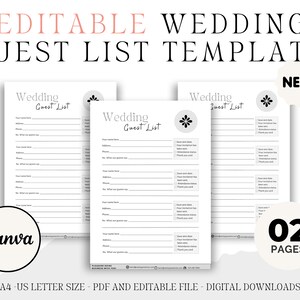 Plantilla editable de lista de invitados a bodas, fotografía de bodas, lista de tomas de bodas, lista de verificación de bodas Canva Descargas digitales editables